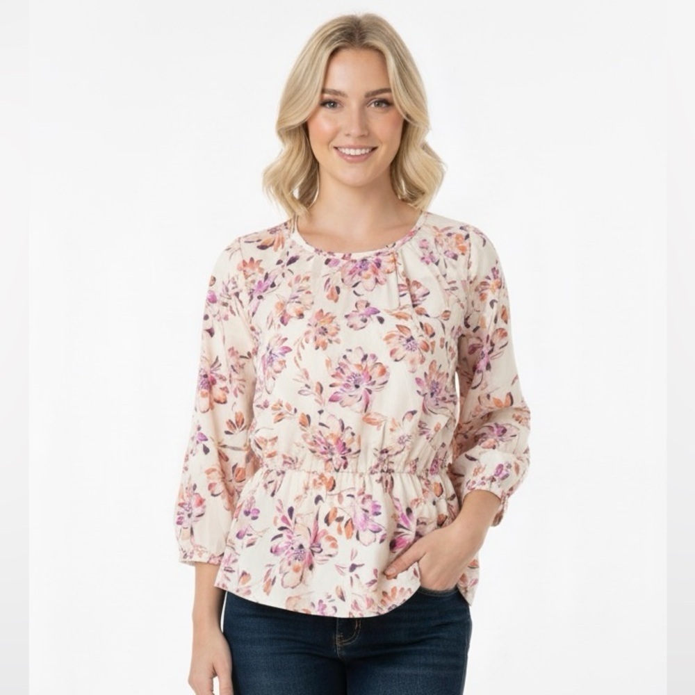 Womens Gorgeous Floral Long sleeve Drawstring waist Top Size M